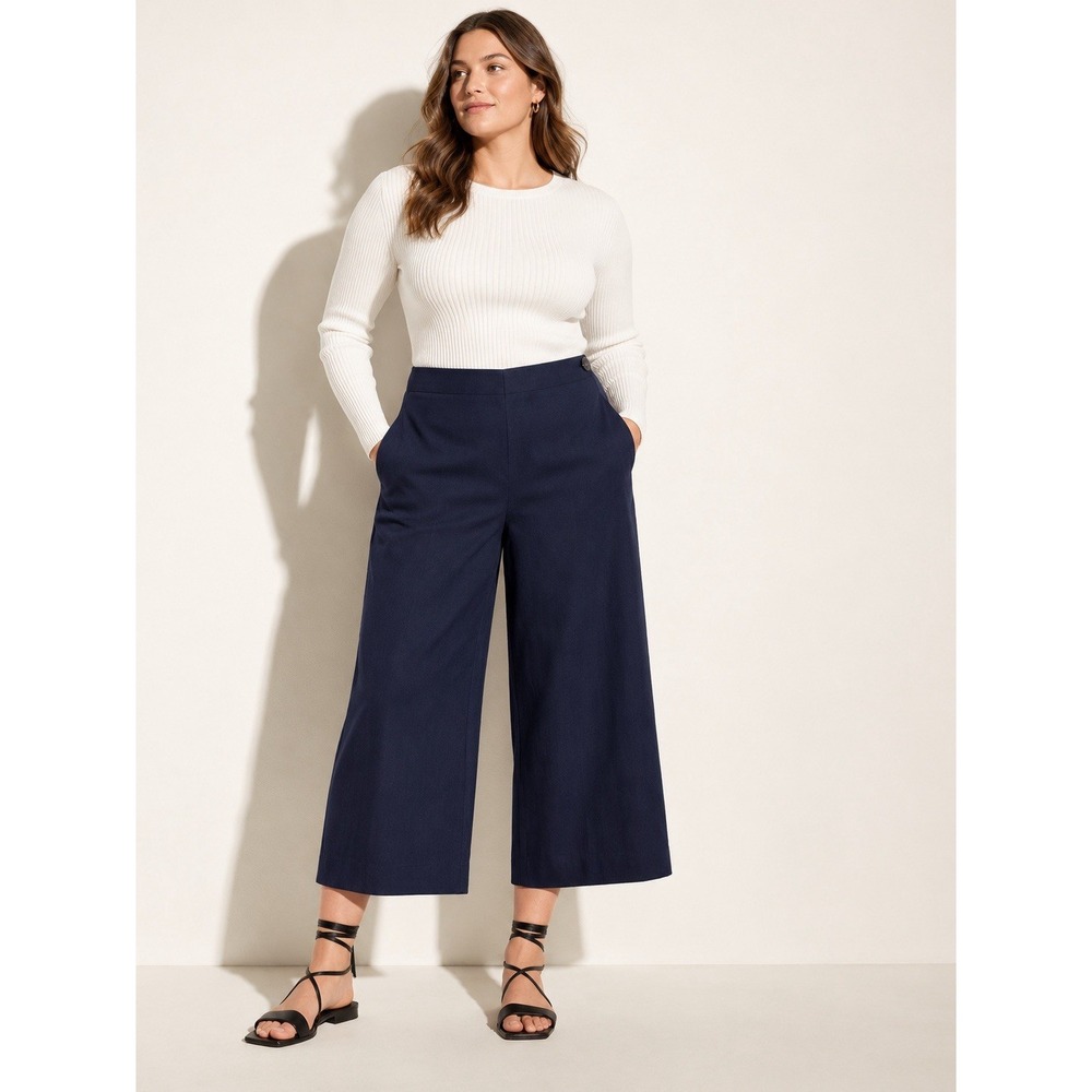 Vince $325 Linen Blend Pants Sz 20 Navy High-Rise Waist Crop Wide Leg Side Zip